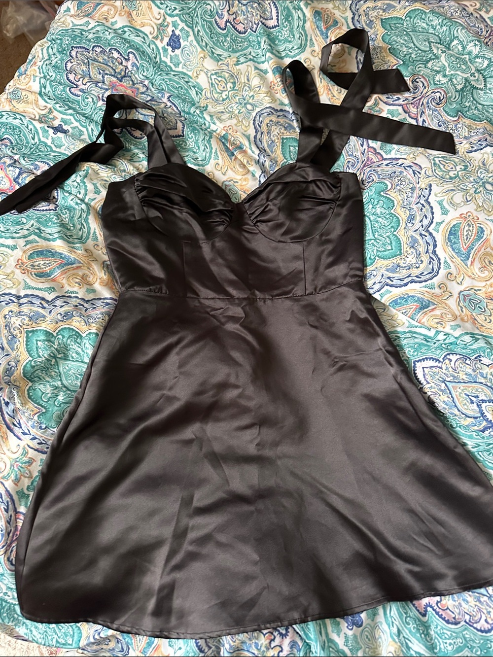 Lucy in the Sky Black Satin Tie-Strap Mini Dress